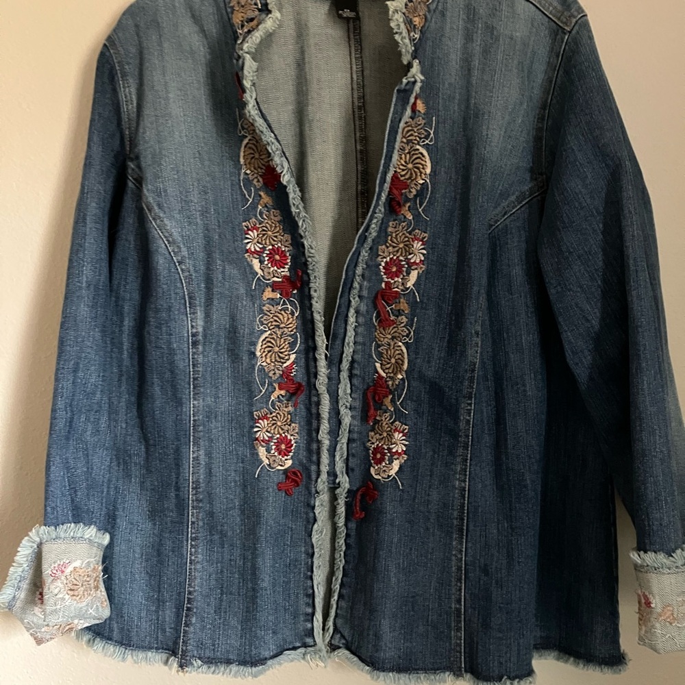 INC International Concepts Blue Embroidered Jean Jacket
